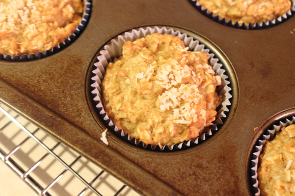 coconut oat muffins, baked in tin