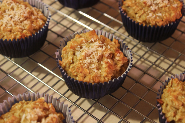 coconut oat muffins on rack